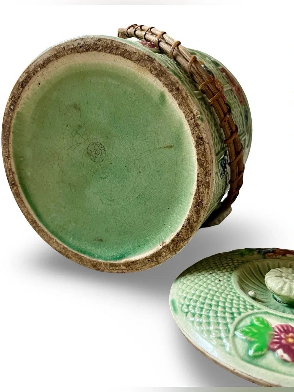 Antique 1930s Made in Japan Green Floral Ceramic Biscuit Jar with Rattan Handle